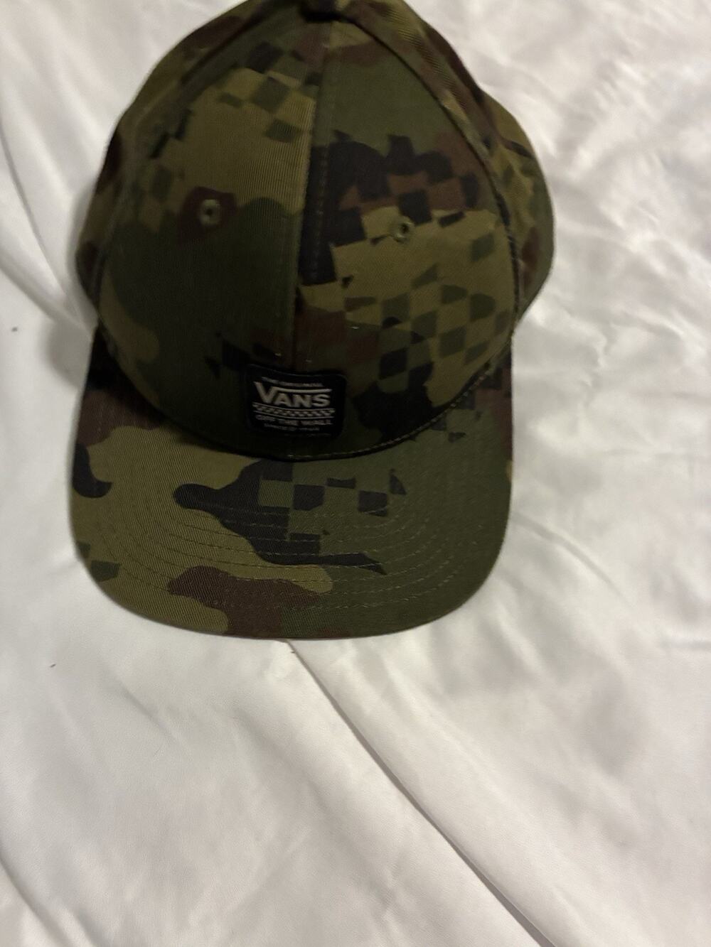 Vans Camo Checkerboard Snapback Hat Adjustable Green EUC. Black Vans Patch.